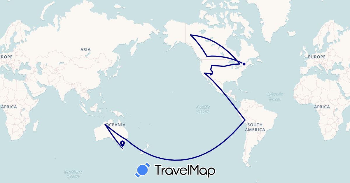 TravelMap itinerary: driving in Australia, Canada, Peru, United States (North America, Oceania, South America)